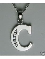 14K White Gold CZ Channel Pendant Initial "C", 1.2 Gram (7/8" Length)