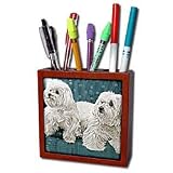 Dogs Maltese - Two Maltese - Tile Pen Holders-5 inch tile pen holder