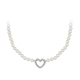 Sterling Silver Cubic Zirconia Heart Pendant with Simulated Pearl Necklace, 16