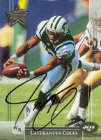 Laveranues Coles, New York Jets, 2002 Leaf Rookies & Stars Autographed Card