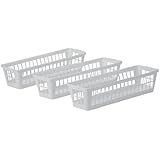 United Solutions BS0003-Set of Three Slim Plastic Storage Baskets in White-3 White Storage Baskets with Slim Design-3.375 inch Width-Ideal to Organize Items in Deep Drawers and Shelf Storage