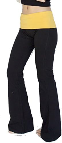 Popular Basics Women's Cotton Yoga Pants With Fold Down Waist-black/mustard yellow