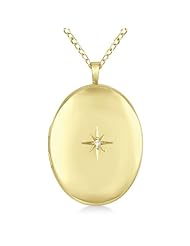 14K Yellow Gold Over Silver Vermeil Oval-Shaped 0.01ct Diamond Locket Pendant Necklace For Women
