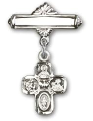 Sterling Silver Baby Badge with 4-Way Charm and Polished Badge Pin