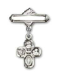 Sterling Silver Baby Badge with 4-Way Charm and Polished Badge Pin