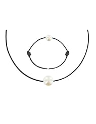 Les Poulettes Jewels - Necklace and Bracelet Set White Pearl 8-9 mm with Black Color Wax Cord
