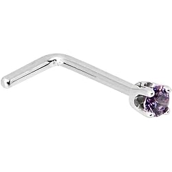 Solid 14KT White Gold 2mm Amethyst Cubic Zirconia L-Shaped Nose Ring - 20 Gauge