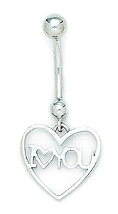 14k White Gold CZ 14 Gauge Dangling Heart Body Jewelry Belly Ring - Measures 33x15mm - JewelryWeb