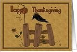 Happy Thanksgiving primitive art pumpkin with crow sitting on a wooden fence Card