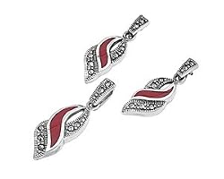 Sterling Silver Marcasite Pendant and Earring Set - Twist with Carnelian
