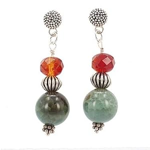 Round Green Agate Gemstone with Faceted Czech Glass Dangle Earrings on Sterling Silver Beaded Posts, #7703