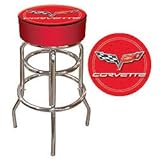 IMAGE OF New Trademark Corvette C6 Padded Bar Stool Red Adjustable Levelers Chrome Plated Double Rung Base 7.5 Inch