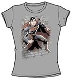 Superman Justice League BRICKS Juniors Size Fitted Girly Silver Gray T-shirt Tee Shirt, Juniors Medium