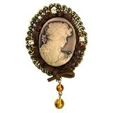 Clear Austrian Rhinestone Lady Cameo with Lace Fabric Brass-Tone Brooch Pin
