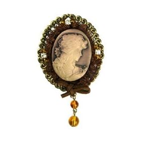 Clear Austrian Rhinestone Lady Cameo with Lace Fabric Brass-Tone Brooch Pin
