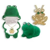 DMM Frog Pendant Gold and Crystal Necklace with Shaped Velour Jewelry Gift Box