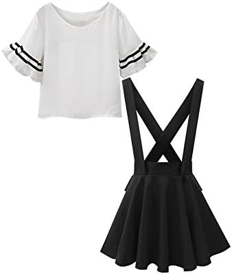 DAILISHA Women's Medium Lotus Sleeve Plain Top Suspender Skirt Overall Set (XL, White)