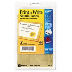 Avery Inkjet Print or Write Notarial Seals, 2 in Diameter, Gold, 44/Pack, PK - AVE05868