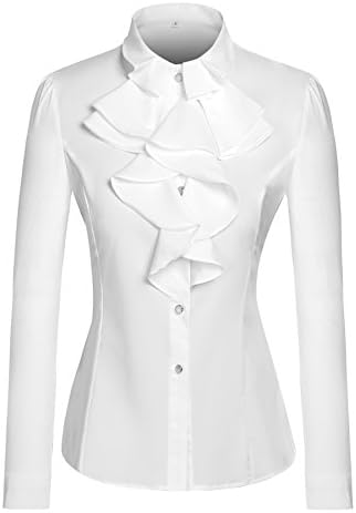 Women Elegant Stand Collar Lotus Leaf Ruffle OL Top Blouse Shirt White US 6-8