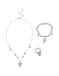 Heirloom Finds Pink Girls Cross Jewelry Set Ring Necklace Bracelet Faux Pearl Crystal