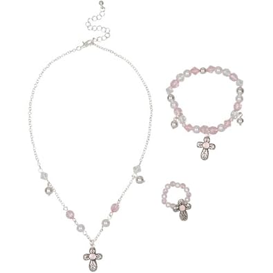 Cheap Girls Jewelry Heirloom Finds Pink Girls Cross Jewelry Set Ring Necklace Bracelet Faux Pearl Crystal For Sale