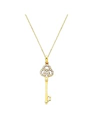 14K Yellow Gold CZ Fancy Key to My Heart Charm Pendant with 1.0mm Anchor Link Mariner Chain Necklace Set - 18" Inches