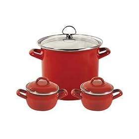 Chantal Enamel-On-Steel 5.8 Quart Soup Pot and Serving Bowls Set, Red with White Interior by Chantal