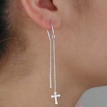 Pair of Sterling Silver 925 Cross Dangle Hook Ear Thread Earring