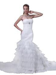 Strapless Mermaid Organza Spring Fall Winter  Lace-Up Ruched Crystal Tiered  Beaded Wedding Dress  with a Chapel Train  With Rhinestones and Ruffles