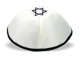 White Kippah with Dark Blue Star of David By YourHolyLandStore