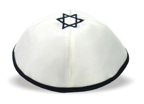 White Kippah with Dark Blue Star of David By YourHolyLandStore