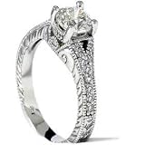 1.33CT Vintage Antique Like Hand Engraved 14k White Gold Round Brilliant Cut Real Diamond Engagement Split Shank Ring Color (G/H) Clarity (SI1)