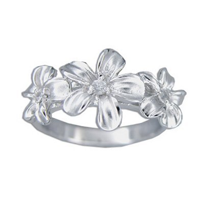 Hawaiian Jewelry 3 Plumeria Flower Sterling Silver CZ Ring with Platinum Finish