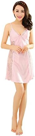 Afterstorm Women's Straps Lace Emulation Silk Nightgowns Pajamas (Large, Pink)