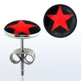 2 Stück Ohrstecker XL OS 74 kla Stern Rot auf Schwarz 9,5 mm Extra Groß Edelstahl-Stecker Unisex Ohrringe