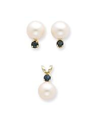 14k 0.3ct Yellow Gold 7-7.5mm FW Cult. Pearl/Sap. Stud Earrings/Pendant Set
