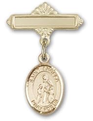 14K Gold Baby Badge with St. Angela Merici Charm and Polished Badge Pin