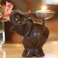 NOVICA Wood candleholder Elephant Old Siam