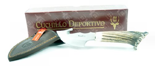 RUKO 3-1/8-Inch Blade Gut Hook Skinning Knife with Genuine Deer Horn Crown Handle and Leather Sheath