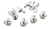 Silver plated cufflinks and shirt stud propeller formal set with presentation box. Made in the U.S.A