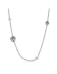 Alexander James Black Rhodium Bonded 34 Inch Floral Fashion Necklace with Fresh Water Pearl Enhancements in Black tone 37 inch L x 22.2 (mm) W x 5 (mm) H