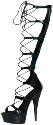 Dapene Women's Black Faux Leather Lace-up High Heel Platform Knee Boots Shoes US Size 7