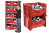 Gray 42x15x84 Steel Boltless Shelving With 10 Hopper Bins Red