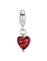 Sterling Silver s Red W/stripes Hrt Ital. Murano Dangle Bead by Reflection Beads, Best Quality Free Gift Box Satisfaction Guaranteed