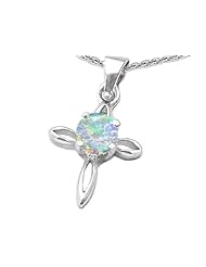 Original Star K (tm) Round Created Opal Cross Pendant in 925 Sterling Silver