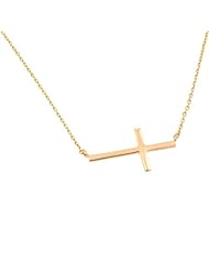 High Polished 14K Solid Yellow Gold Sideways Cross Necklace with Rolo Link Chain - Available in 16" and 18"