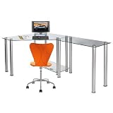 RTA Home and Office Clear Tempered Glass L-Shape Corner Computer Desk with Free Standing Extension Table