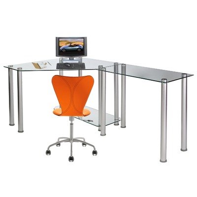 RTA Home and Office Clear Tempered Glass L-Shape Corner Computer Desk with Free Standing Extension Table