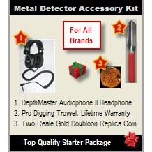 Metal Detector Accessory Kit (Silver Value Kit): Includes DepthMaster Audiophone II Metal Detector Headphone, Pro Digging Trowel, and a Two Reale Gold Doubloon Replica Coin.
