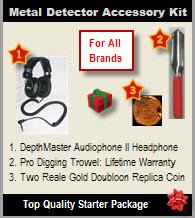 Metal Detector Accessory Kit (Silver Value Kit): Includes DepthMaster Audiophone II Metal Detector Headphone, Pro Digging Trowel, and a Two Reale Gold Doubloon Replica Coin.